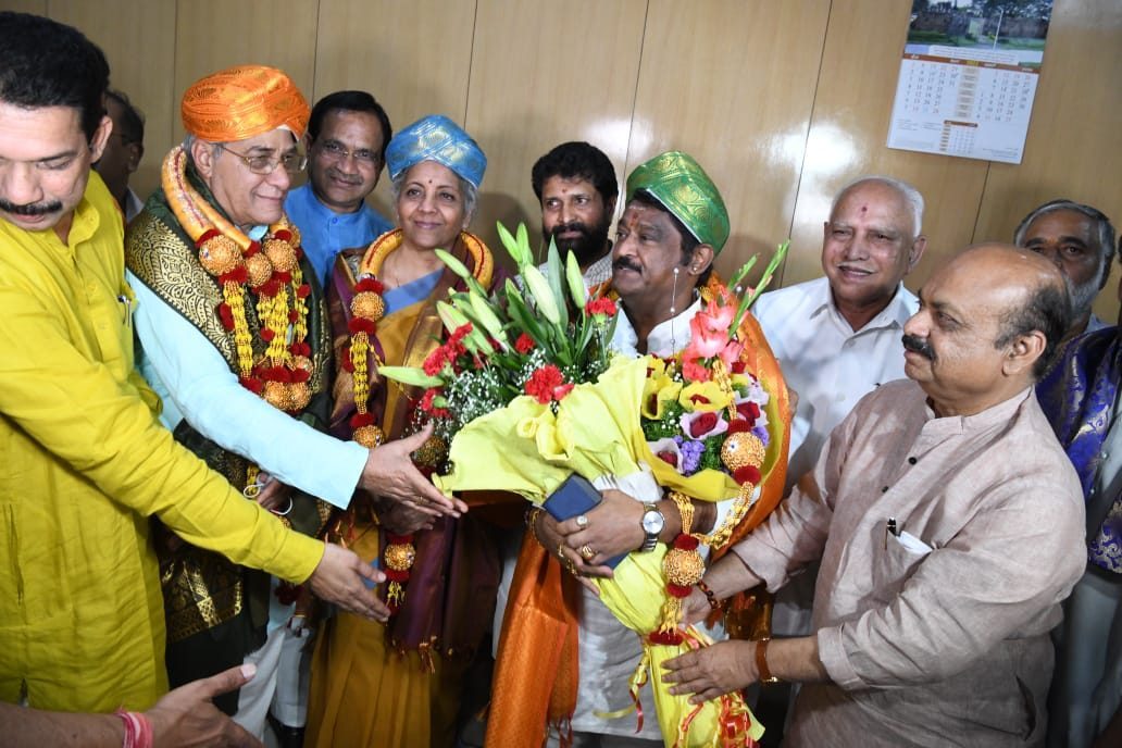 BJP leaders greet newly elected Rajya Sabha members Nirmala Sitaraman, Jaggesh and Lehar Singh Siroya. (Supplied)