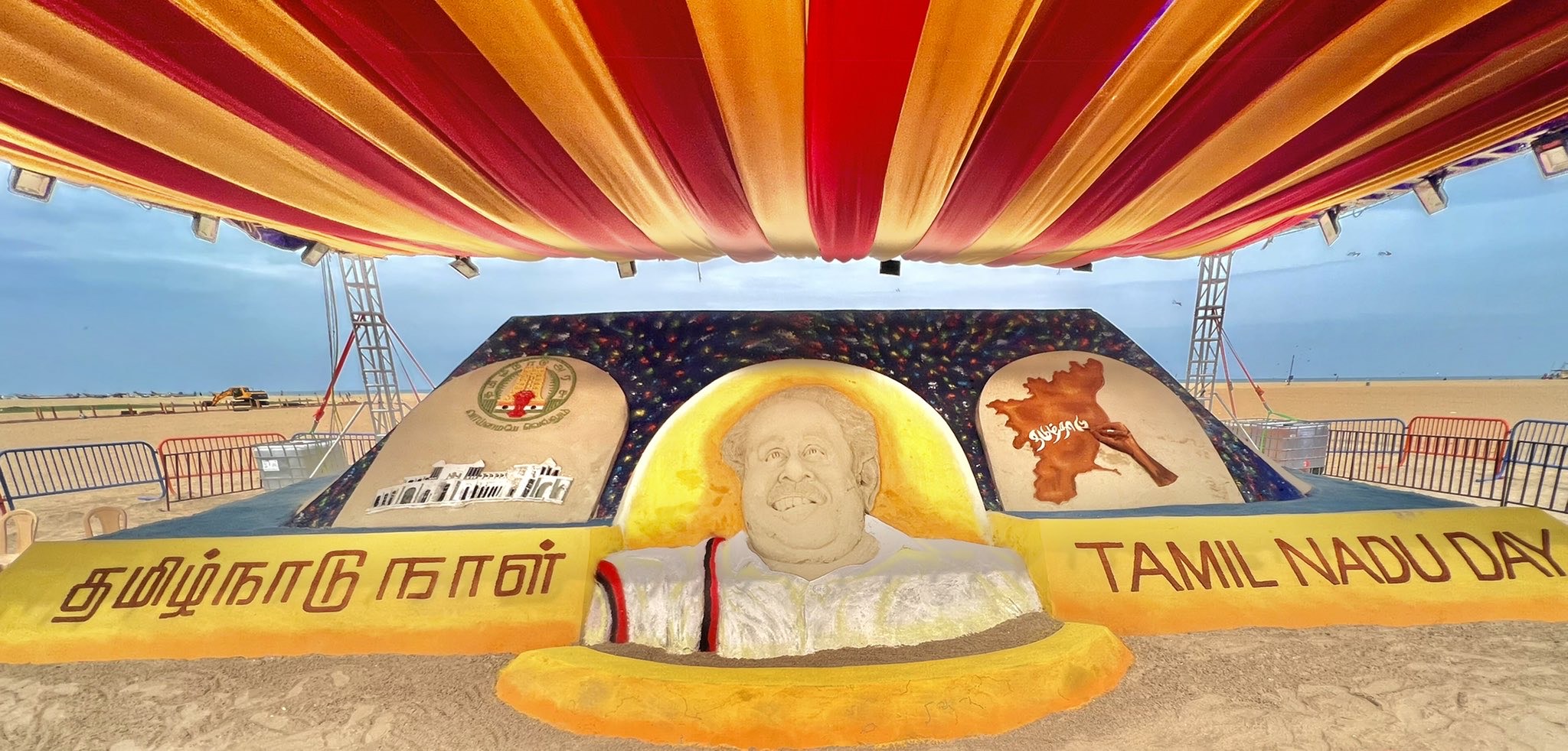 Sand art of former Chief Minister CN Annadurai in Marina beach in Chennai.