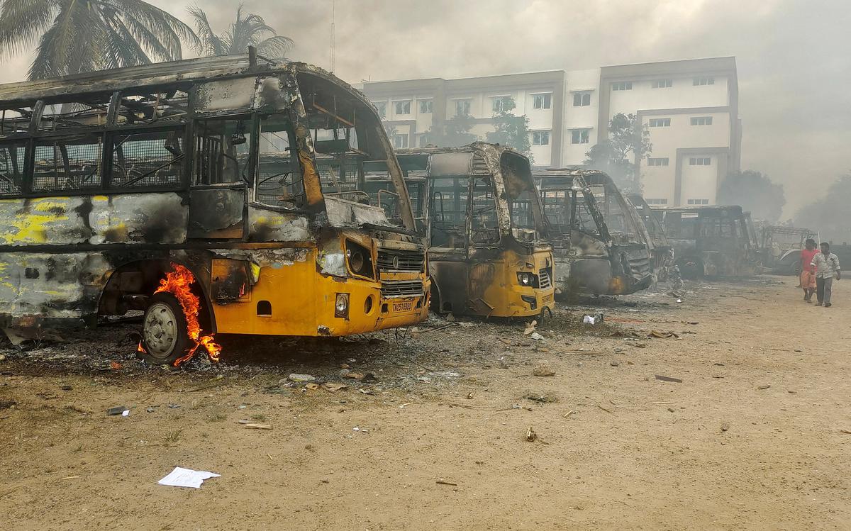 School buses torched by protestors during Sunday violence in Kullakuruchi.
