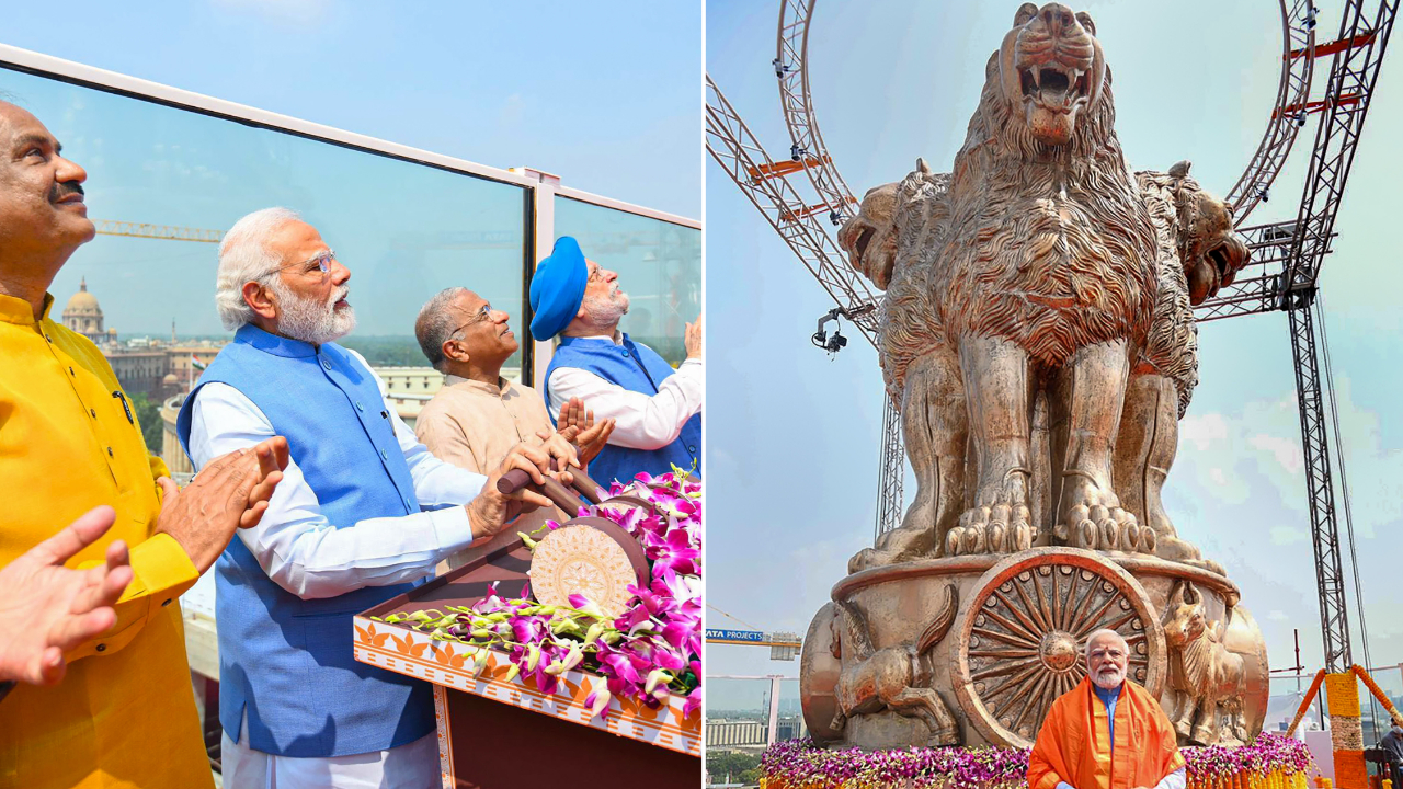 PM Modi unveils national emblem at op the new parliament building.