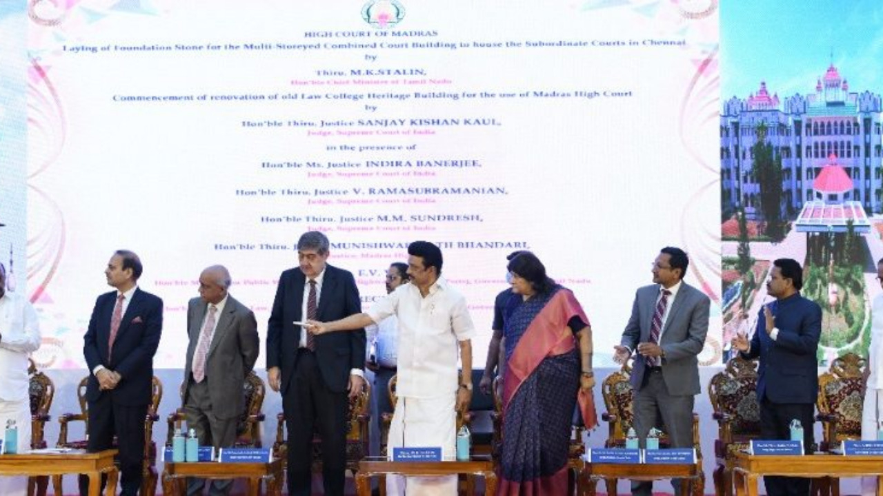 Tamil Nadu Chief Minister MK Stalin along with Madras High Court CJ MN Bhandari and Supreme Court judges