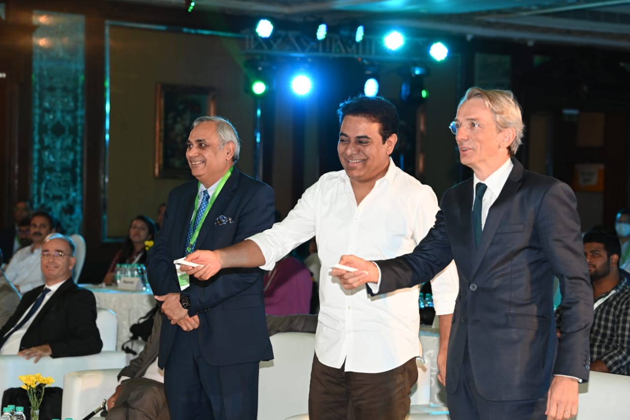IT and Industries Minister KT Rama Rao, Ambassador of France to India Emmanuel Lenain, and Principal Secretary, Industries and Commerce Department at the launch of Schneider Electric Smart Factory in Hyderabad on Thursday, 29 September. (Supplied)