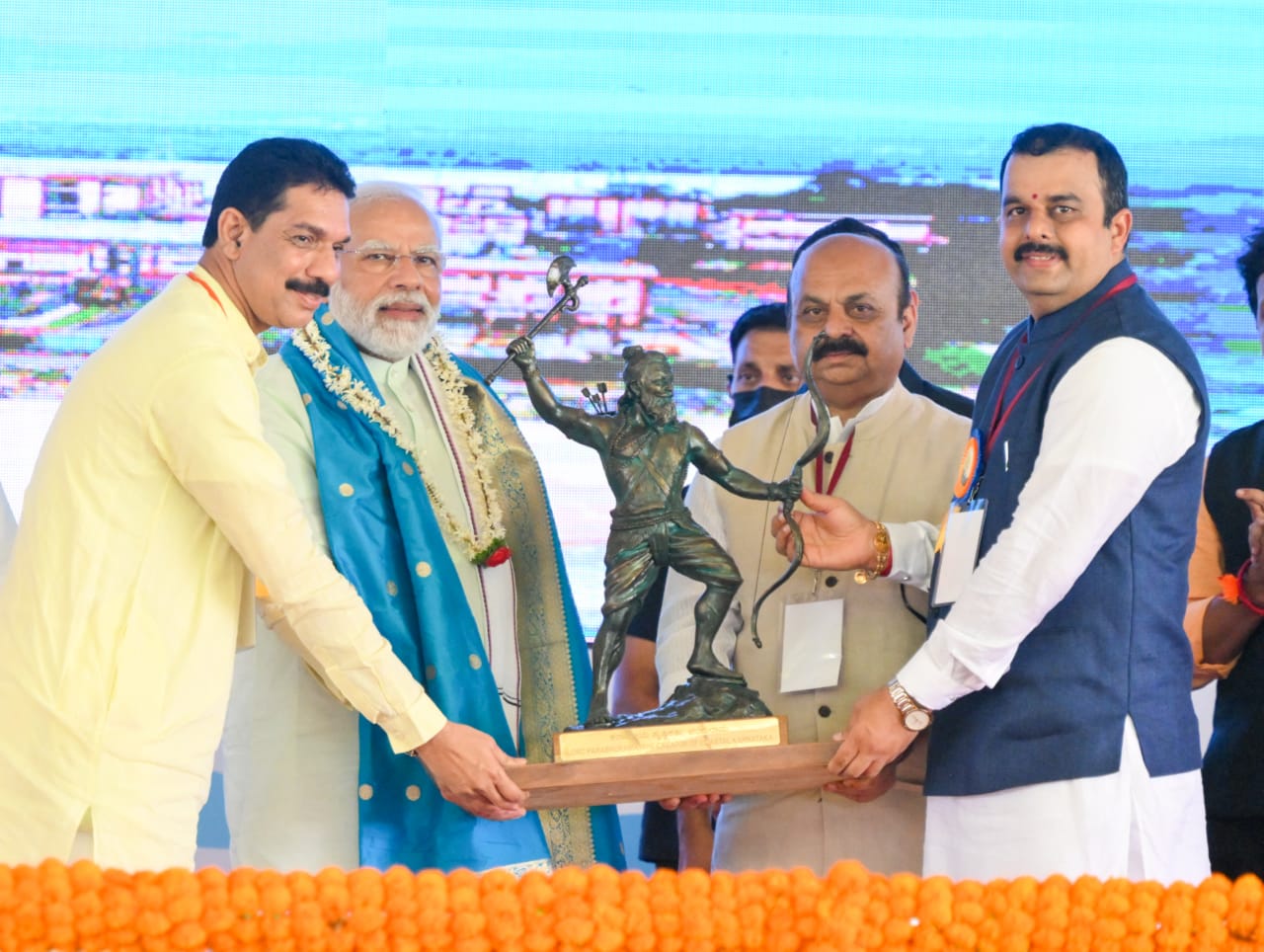 Prime Minister Narendra Modi felicitated at Mangaluru on Friday by Chief Minister Basavaraj Bommai, BJP State President Nalin Kumar Kateel and Energy Minister Sunil Kumar. (Supplied)