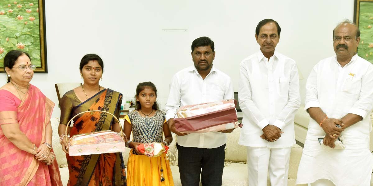 Telangana Chief Minister KCR and his wife K Shobha with Mahati and her parents in Hyderabad on Monday, 19 September. (South First)