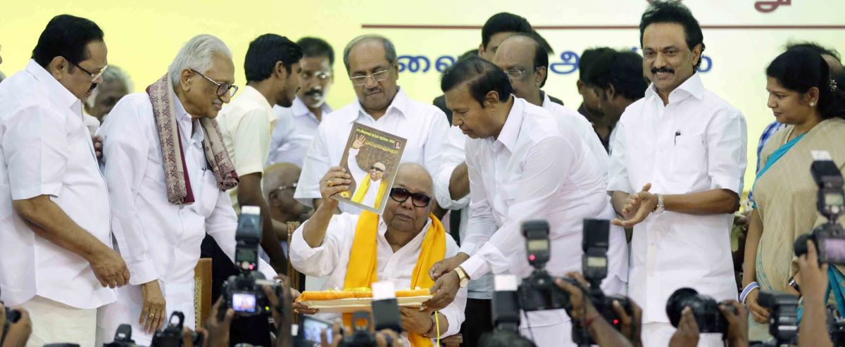 File photo shows former Tamil Nadu chief minister M Karunanidhi releasing the DMK manifesto with its poll promises ahead of the 2016 polls. DMK leaders Durai Murugan, K Anbazhagan, TR Baalu, MK Stalin, and Kanimozhi are among those present. The EC nows seeks to ask minute details about poll promises