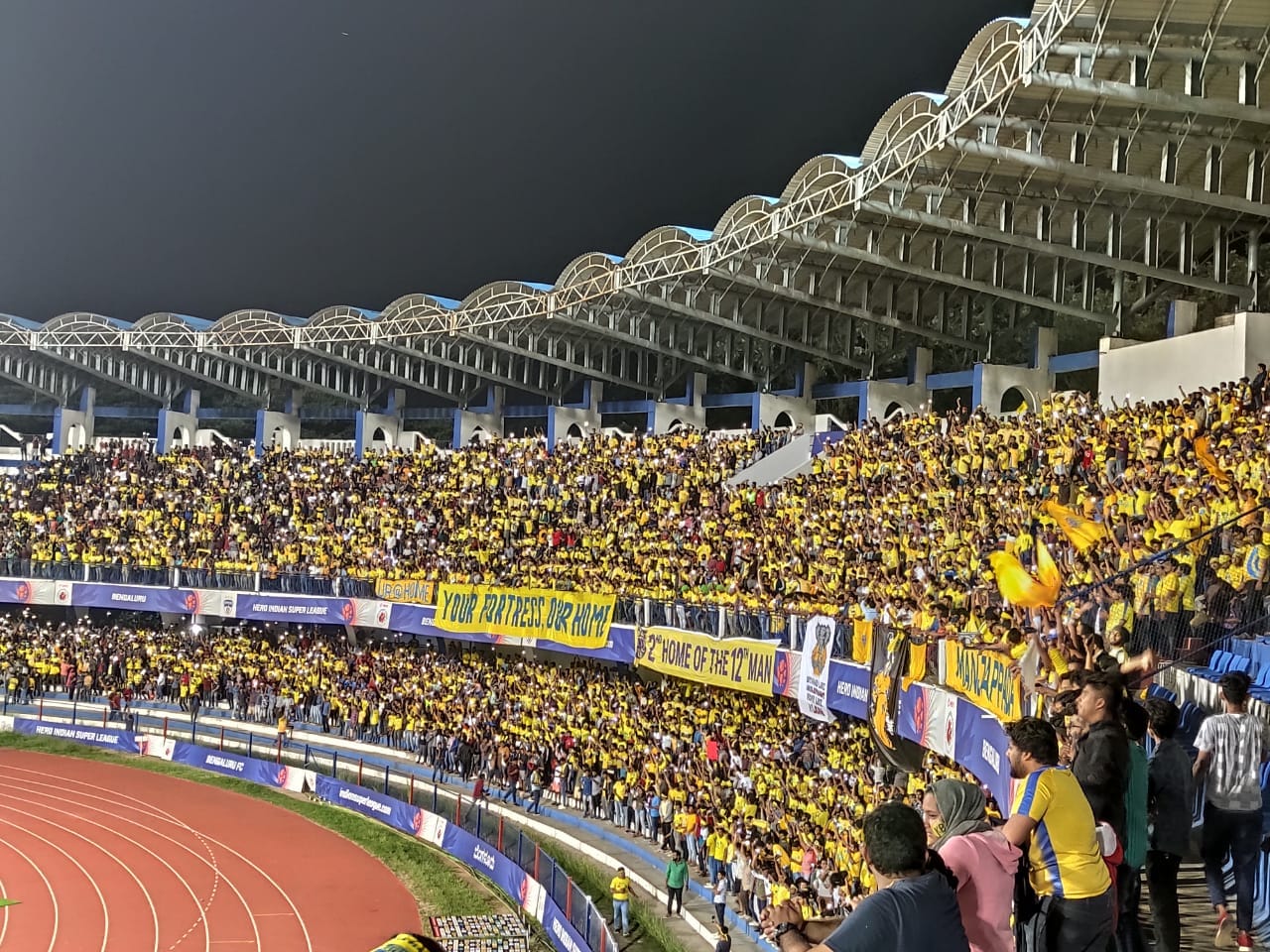 Manjappada, the fans of Kerala blasters at an ISL match in Kochi. (Supplied)