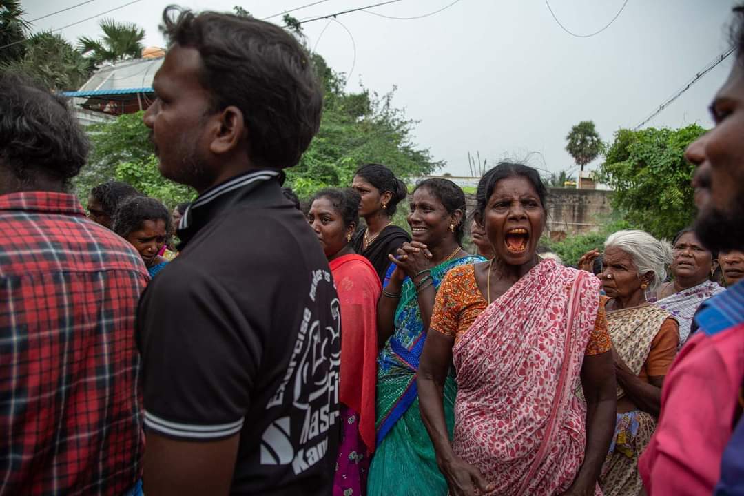 People from Katchipattu, a Dalit colony outside Sriperumbudur, Tamil Nadu, after the recent deaths of three villagers who had died of asphyxiation while cleaning septic tanks in the Grand Sathyam Resort