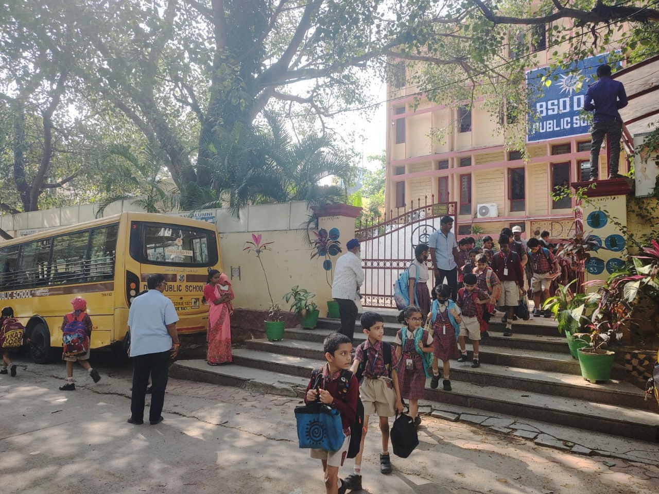 Students come out of the BSD DAV School on Monday, 7 November, 2022. (Ajay Tomar/South First)