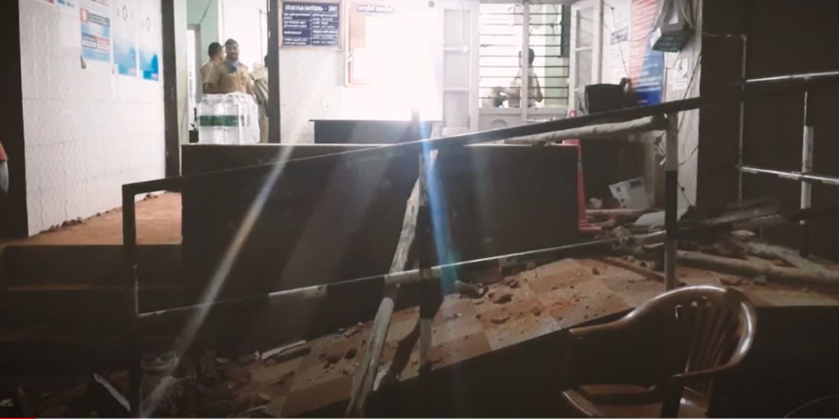Entrance of the Vizhinjam police station after the vandalism of anti port protesters.
