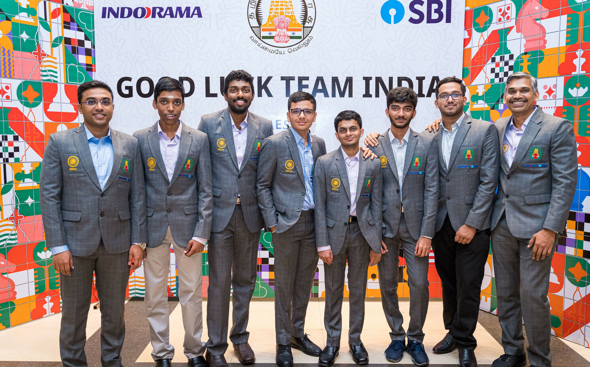 Indian team during the Chess Olympiad 2022 in Chennai (from left to right) — GA Stany, Pragg, B Adhiban, Raunak Sadhwani, Nihal Sarin, D Gukesh, Arjun Kalyan, and coach RB Ramesh. (Rb Ramesh/Twitter)