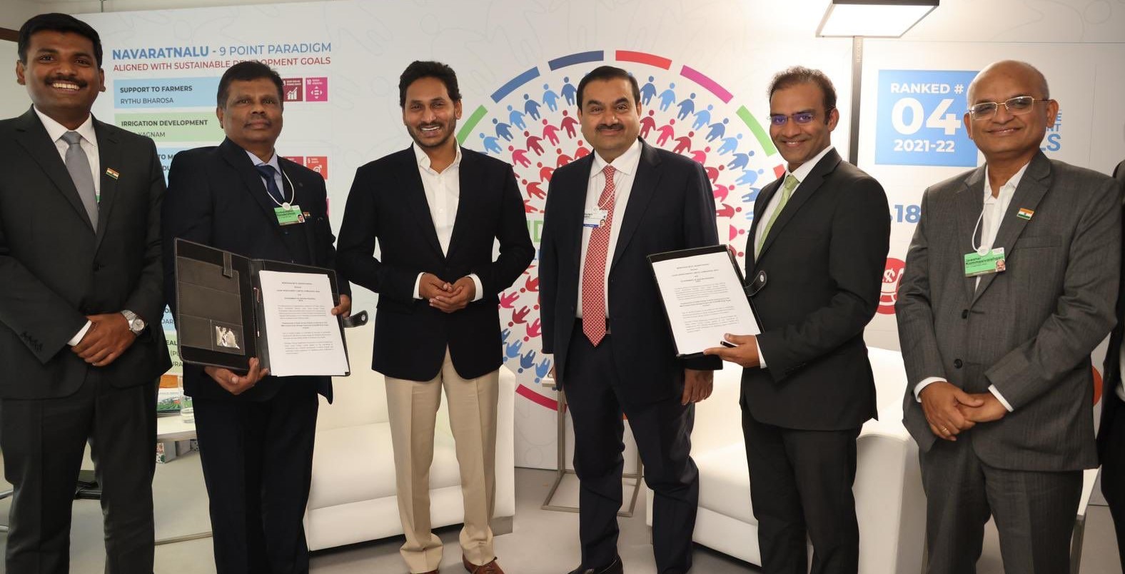 A YS Jagan Mohan Reddy-led Andhra Pradesh delegation with Adani Group Chairman Gautam Adani at the World Economic Forum in Davos, Switzerland, in May this year. (Supplied)
