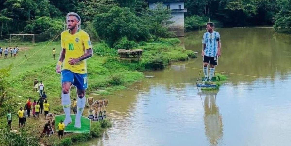 Cut outs of Neymar Jr and Lionel Messi erected by the fans of Argentina and Brazil in a village in Kozhikode.