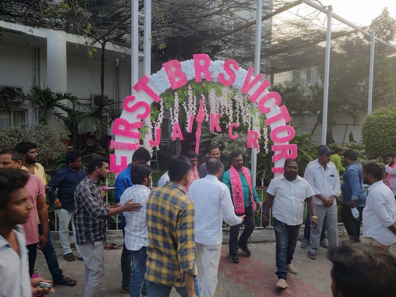 TRS workers celebrate the Munugode bypoll victory at the party headquarters in Banjara Hills, Hyderabad, on 6 November. The BJP finished second in Munugode while the Congress lost its deposit