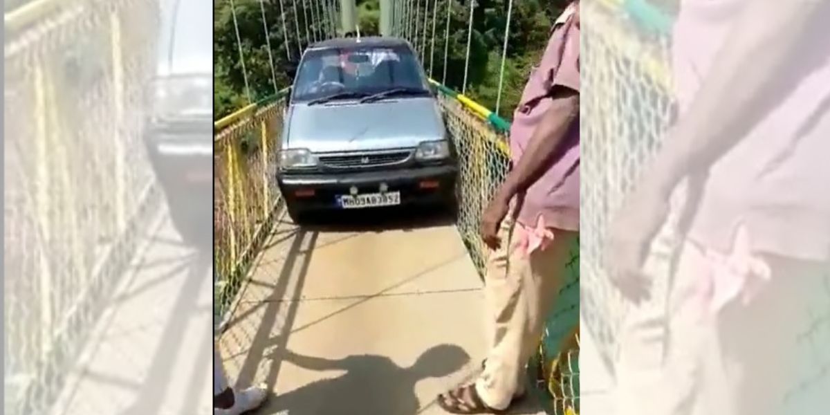 Car on pedestrian suspension bridge in Karnataka. (Video grab)