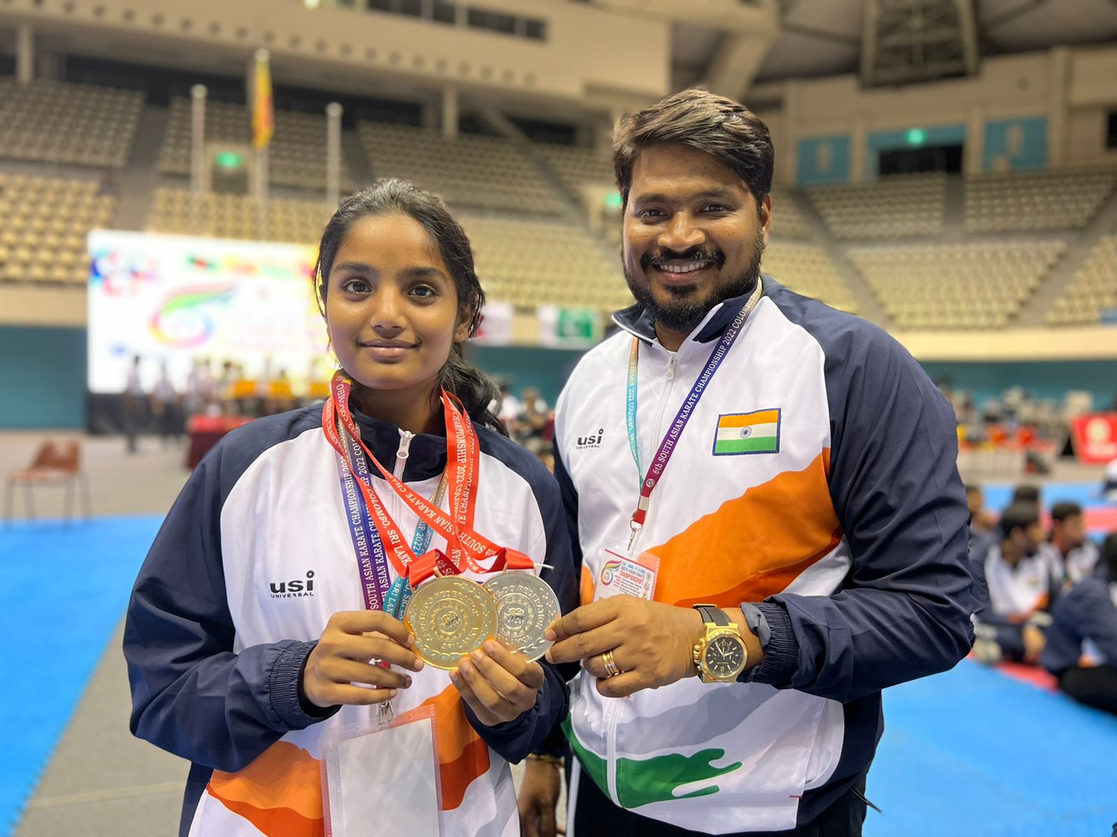 Nishta Gangisetti and her coach Keerthan Kondru at the South Asian Karate Championship in Colombo, Sri Lanka