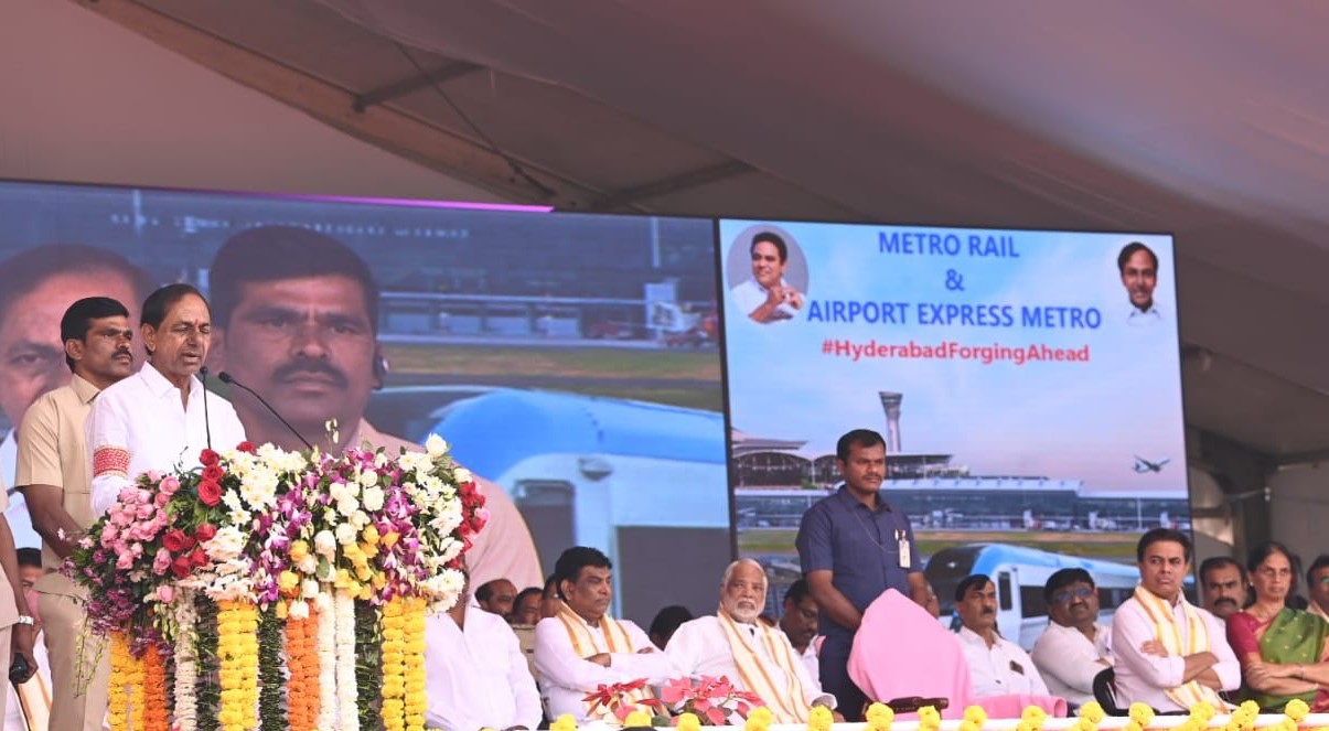Telangana CM KCR laid the foundation stone of the Hyderabad airport metro rail on Friday, 9 December.