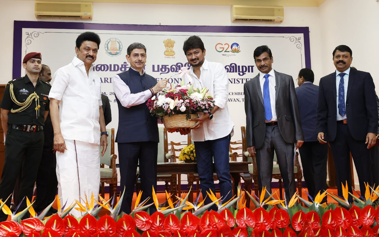 Tamil Nadu Chief Minister M K Stalin on Wednesday, 14 December, inducted his son and MLA Udhayanidhi Stalin into his Cabinet. Here, Udhayanidhi is seen with his father, TN Governor RN Ravi, chief secretary V Irai Anbu, and others