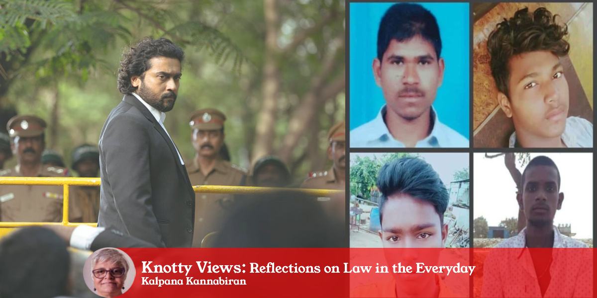 (L) Screengrab from 'Jai Bhim'; (R) the four suspects in the Disha rape-and-murder case, who were shot dead by the police in an encounter