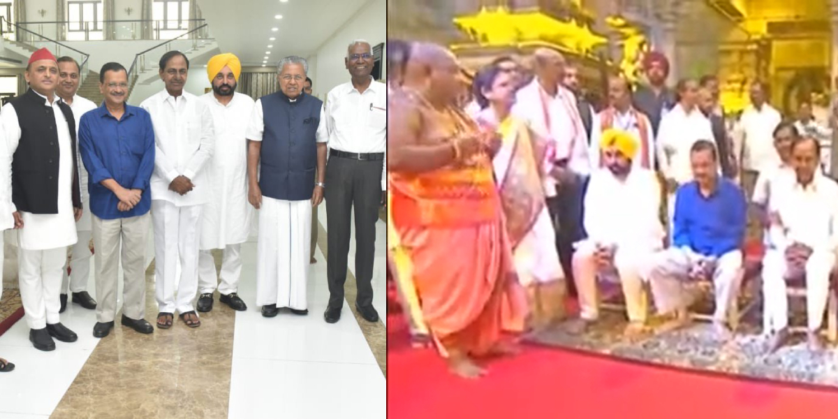 KCR at Yadadri temple with Kejriwal, Mann and Pinarayi Vijayan, Akhilesh Yadav, D Raja at mega BRS Khammam public meeting in Telangana.