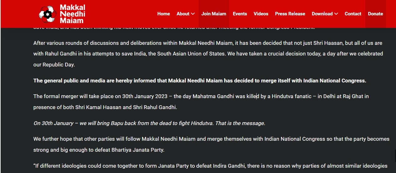 Kamal Haasan’s party MNM says ‘website hacked’ after post announcing merger with Congress appears