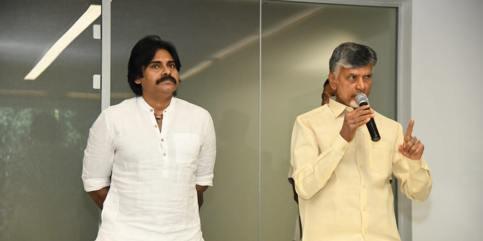 Pawan Kalyan and Chandrababu Naidu talk to reporters in Hyderabad on Sunday, 8 January, 2023. (Supplied)