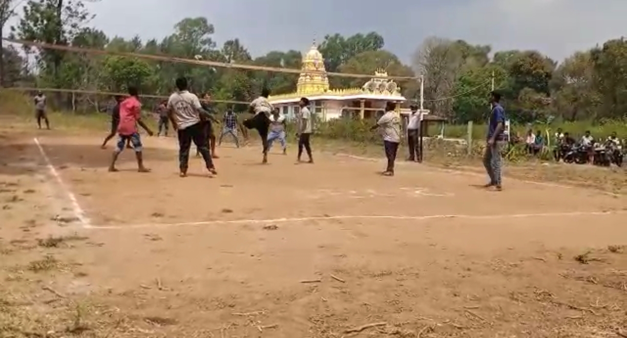 Soliga youth playing a game of volleyball at a tribal hamlet in the BR Hills.