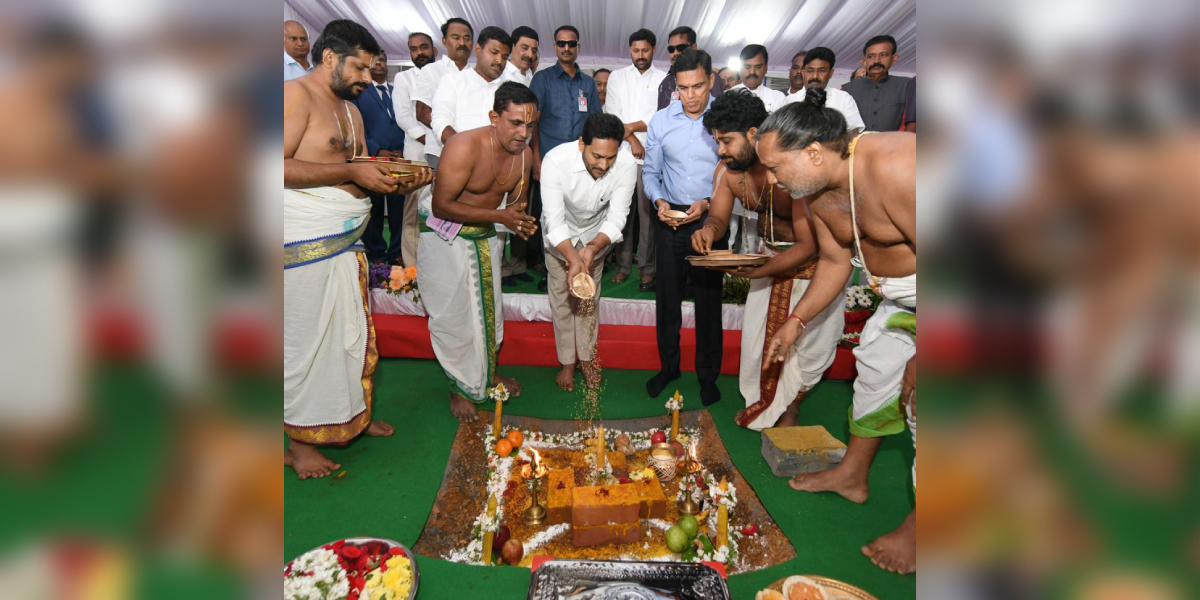 Andhra Pradesh Chief Minister YS Jagan Mohan Reddy lays the foundation stone of a steel plant in the Kadapa district on Wednesday, 15 February, 2023. (Supplied)