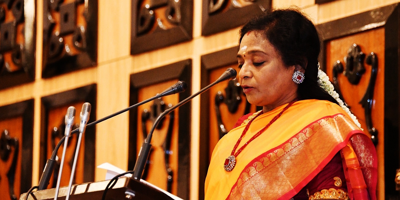 Telangana Governor Tamilisai Soundararajan delivers her speech at the beginning of the budget session of the state legislature on Friday, 3 February, 2023. (Supplied)