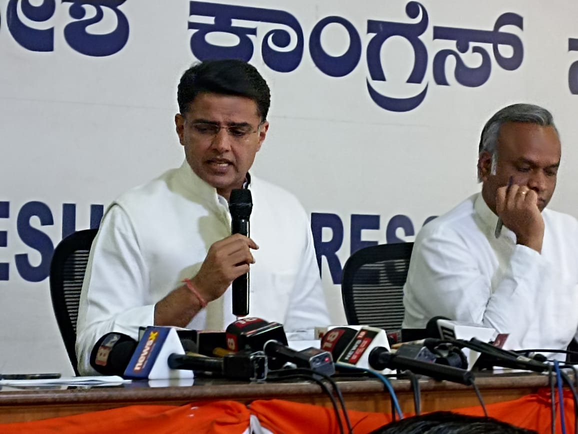 Congress leader and Member of Rajasthan's Legislative Assembly Sachin Pilot with Congress Leader Priyank Kharge in Bengaluru