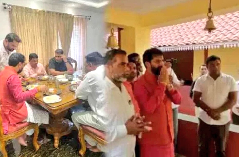 A photo collage of BJP leader CT Ravi eating meat and visiting temple that has gone viral.