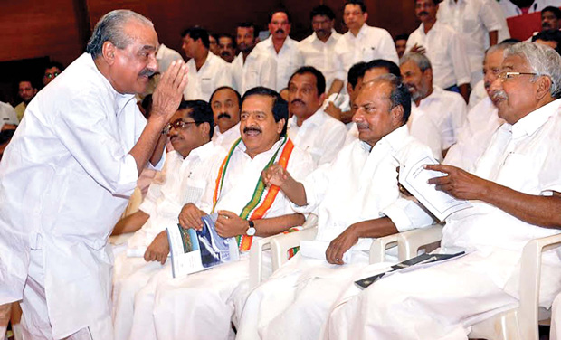 Oommen Chandy with KM Mani, AK Antony and Ramesh Chennithala.