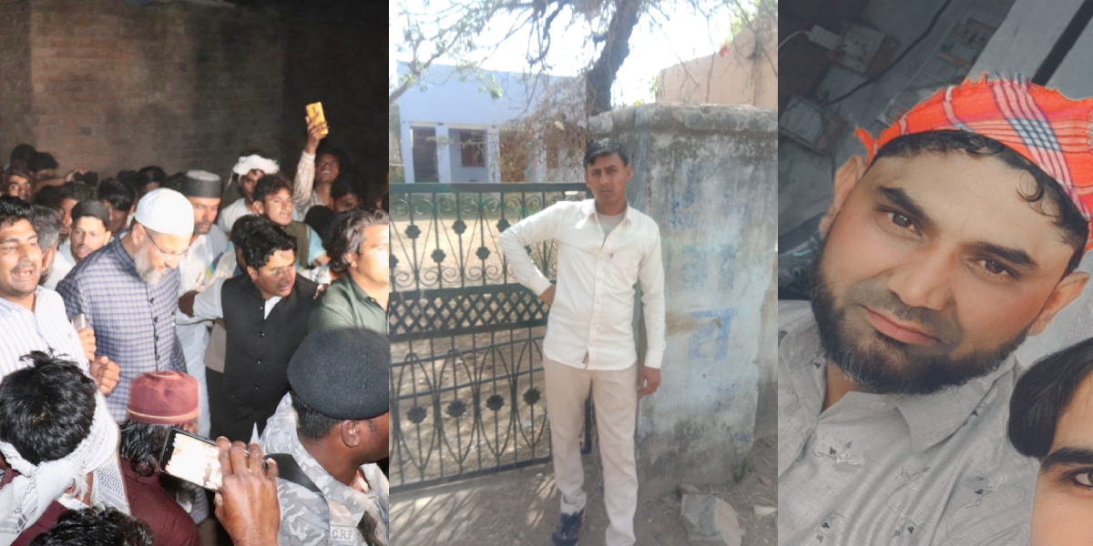 (on left) AIMIM President Asaduddin Owaisi at the deceased men house. (in centre and on right) The victims Nasir and Junaid
