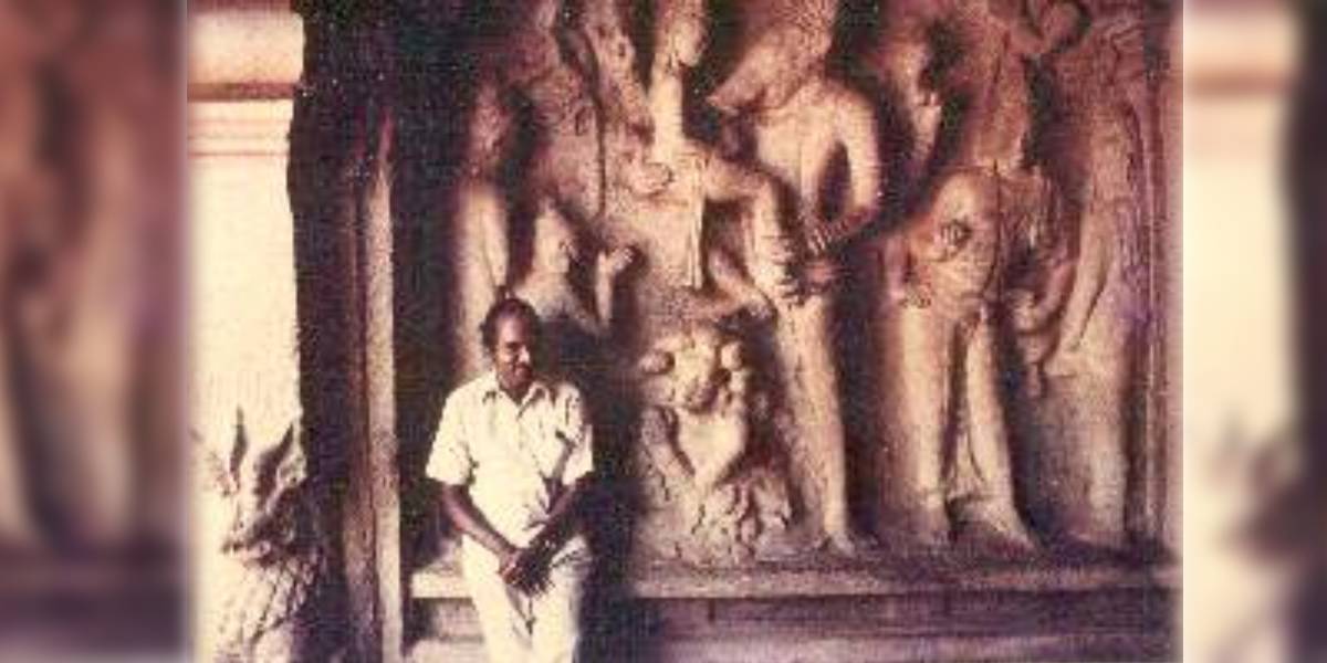 Prof Gift Siromoney in front of the Varaha panel at the Varaha cave temple in the Mamallapuram hill
