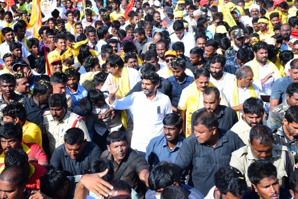 Nara Lokesh leading the Yuva Gulam Padayatra at Puttaparthy in Sri Satya Sai district on Tuesday, 21 March. (Supplied)