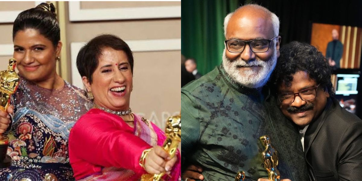 The Oscar winners Kartiki Gonsalves (left) and Guneet Monga (right), MM Keeravani and Chandrabose. (Twitter)