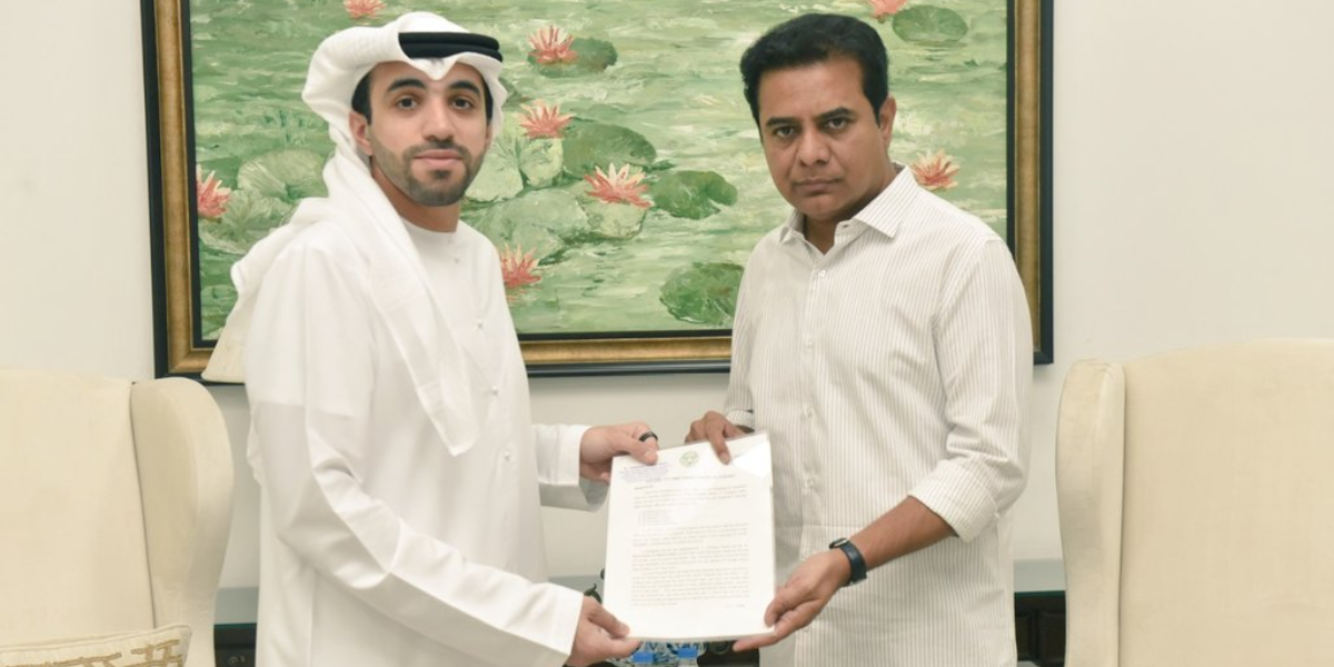 KTR handed the request letter to the Ambassador of UAE to India Abdulnasser Alshaali at Pragathi Bhavan in Hyderabad. (Twitter)