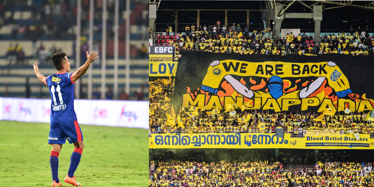 (Left) Bengaluru FC and Indian striker Sunil Chhetri who scored the controversial goal; (Right) Kerala Blasters fans popularly known as 'Manjappada' at the ISL match