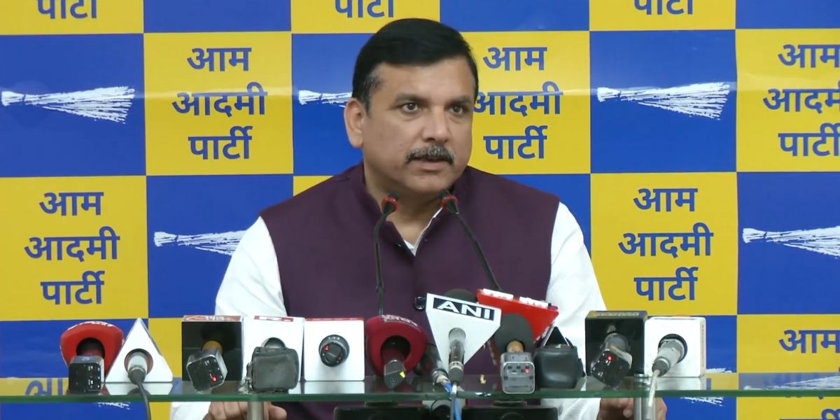 AAP Rajya Sabha MP Sanjay Singh addressing media. (Screengrab)