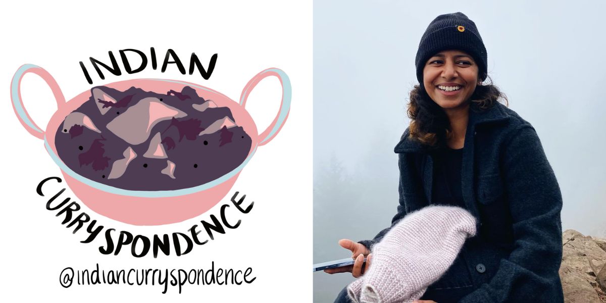 Logo of Indian Curryspondence, and the its founder Svetha Ambati.