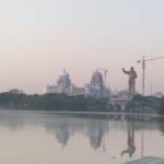 View of the 125 foot tall Ambedkar statue and Telangana secretariat from Hussain Sagar in Hyderabad