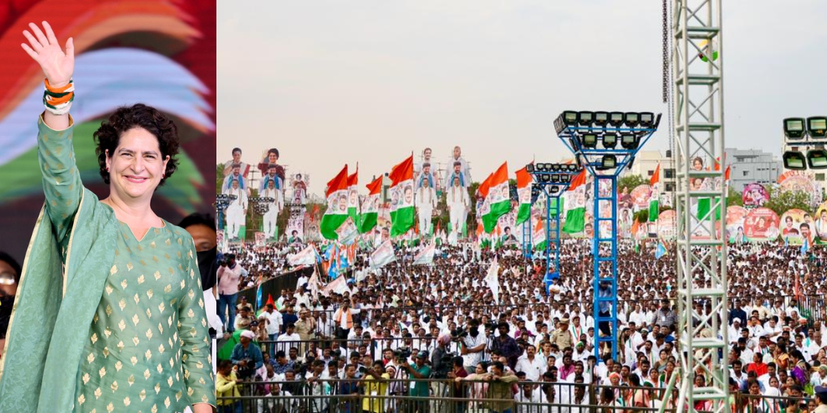 AICC General Secretary Priyanka Gandhi addressed a well-attended public meeting at Saroornagar Indoor Stadium in Hyderabad on 8 May. (Twitter)