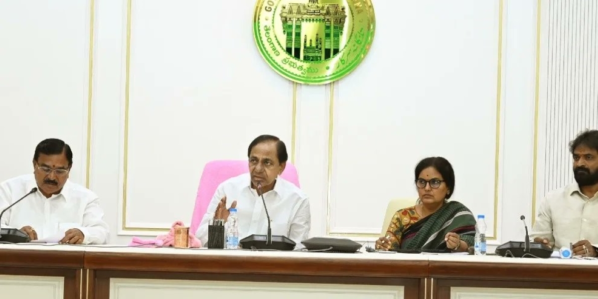 KCR speaking during the meeting conducted at the newly inaugurated Dr BR Ambedkar Telangana Secretariat. (Twitter)