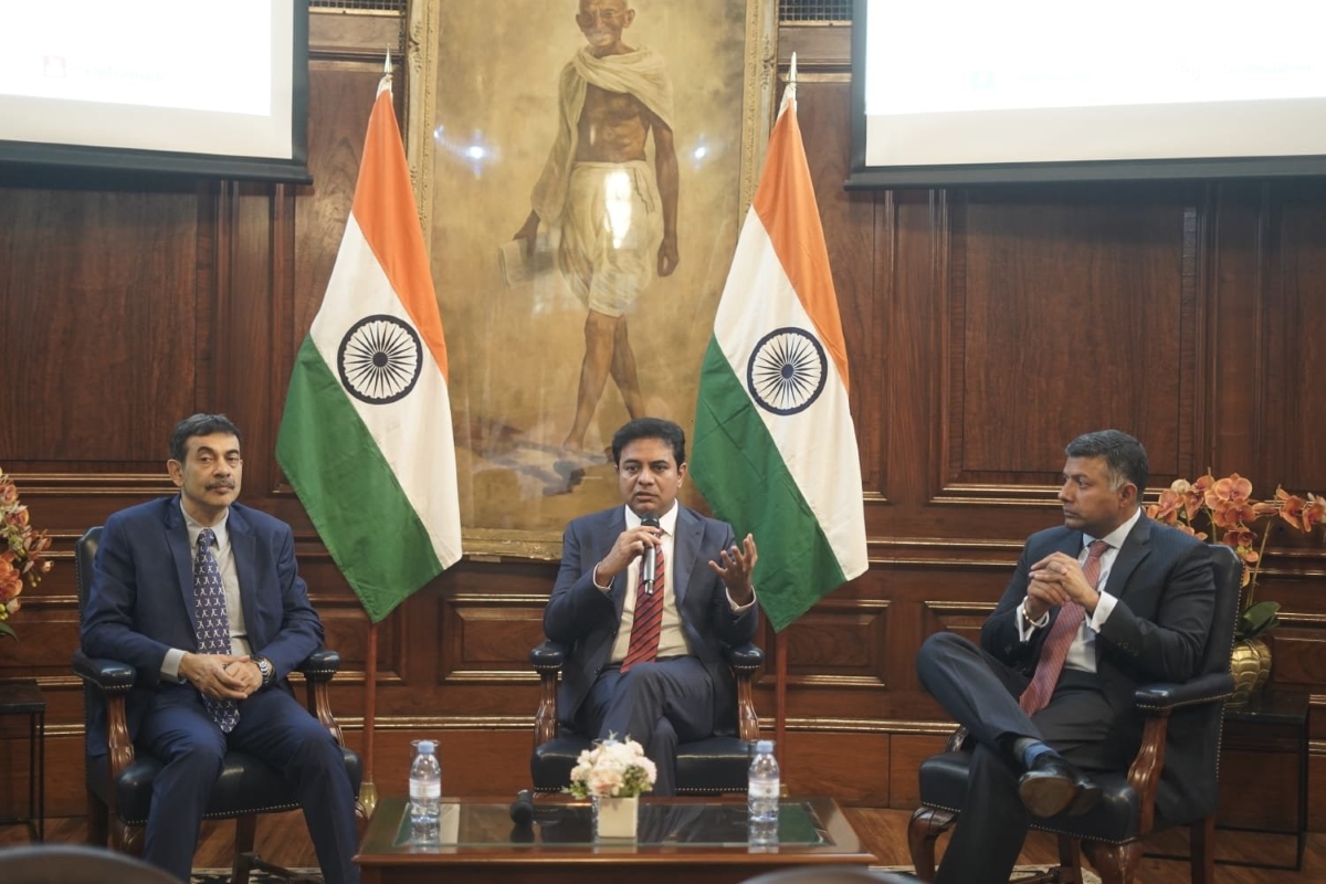 IT Minister KTR with Indian High Commissioner in London Vikram K Doraiswami and Principal Secretary Jayesh Ranjan in UK