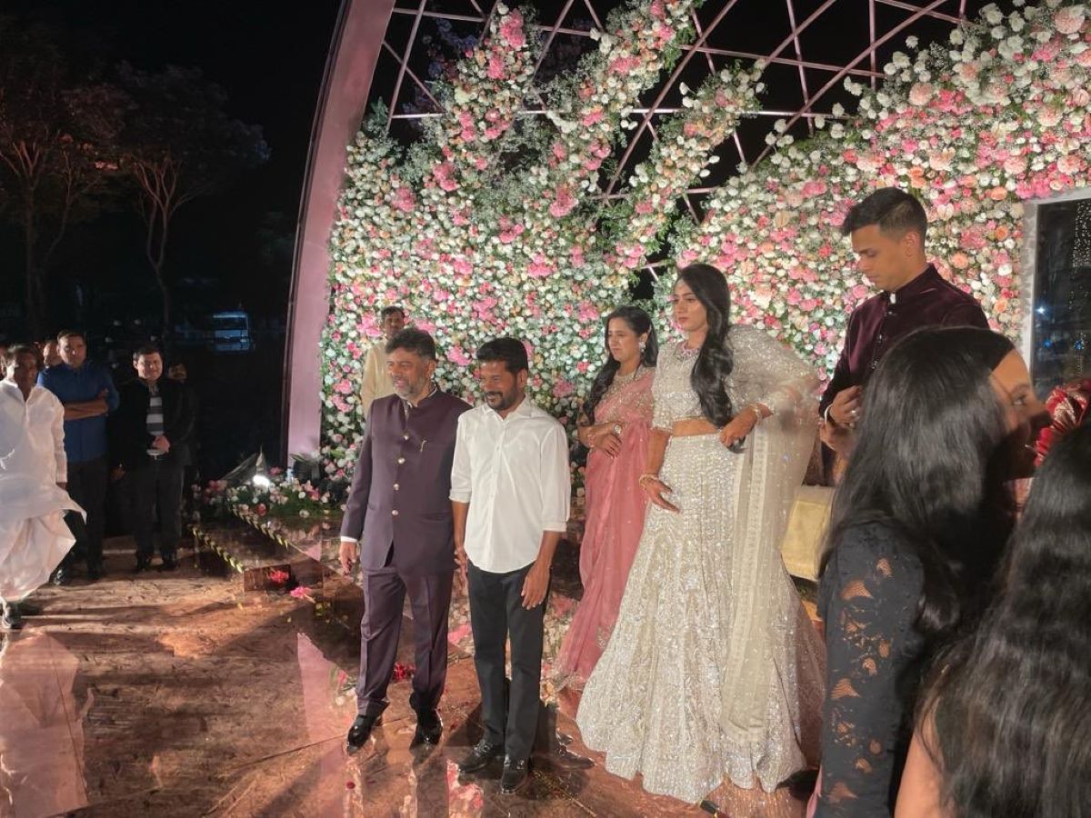 Telangana Congress president Revanth Reddy with DK Shivakumar, the head of the Karnataka Congress, at the wedding of the latter's daughter in 2021