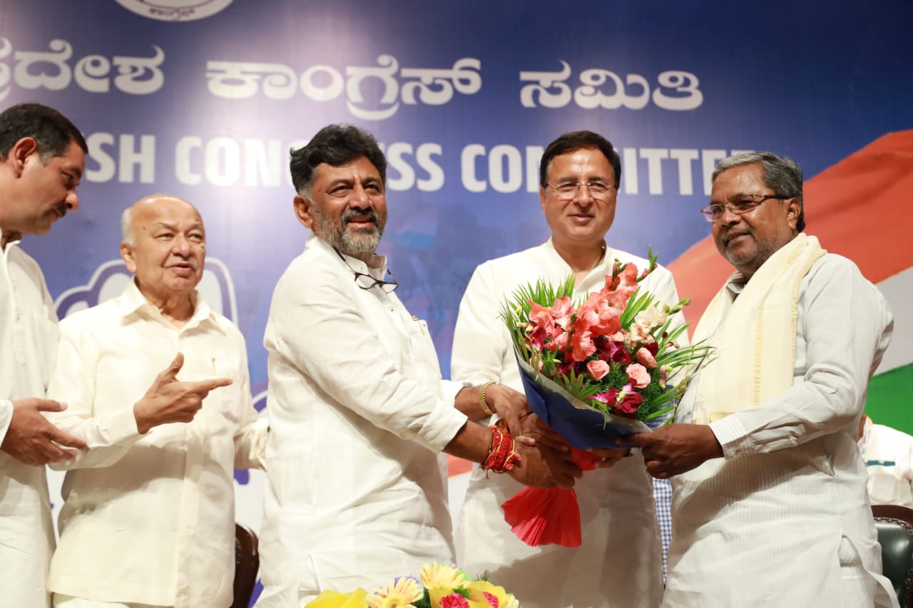 CM Designate Siddaramaiah and DyCM Designate DK Shivakumar with Randeep Singh Surjewala (AICC General Secretary)