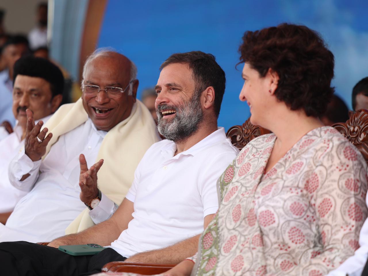 Congress party leaders Mallikarjun Kharge, Rahul Gandhi, and Priyanka Gandhi Vadra. (Supplied)