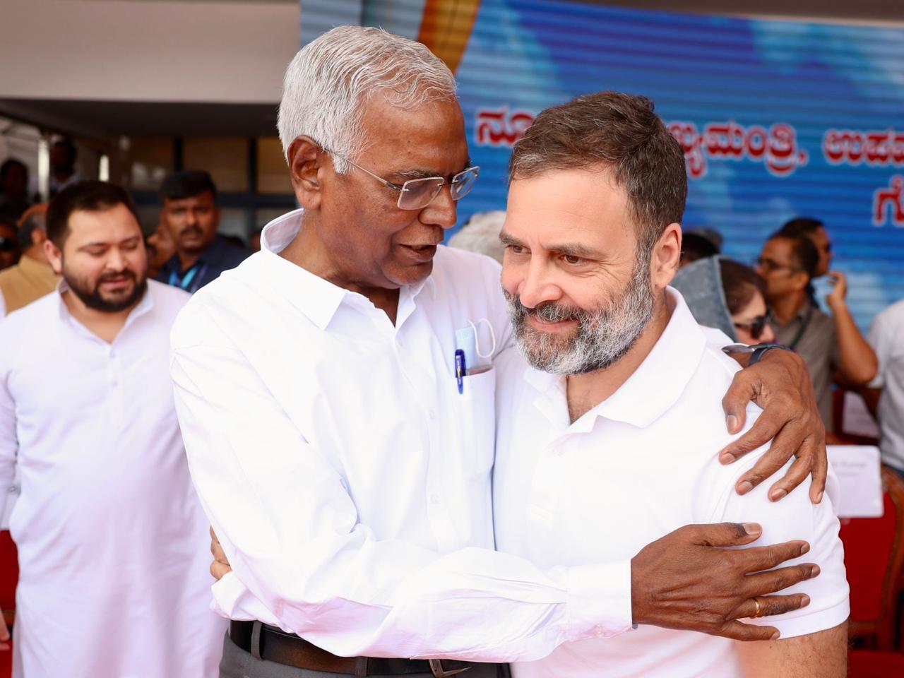 Congress leader Rahul Gandhi with CPI General Secreatry D Raja. (Supplied)