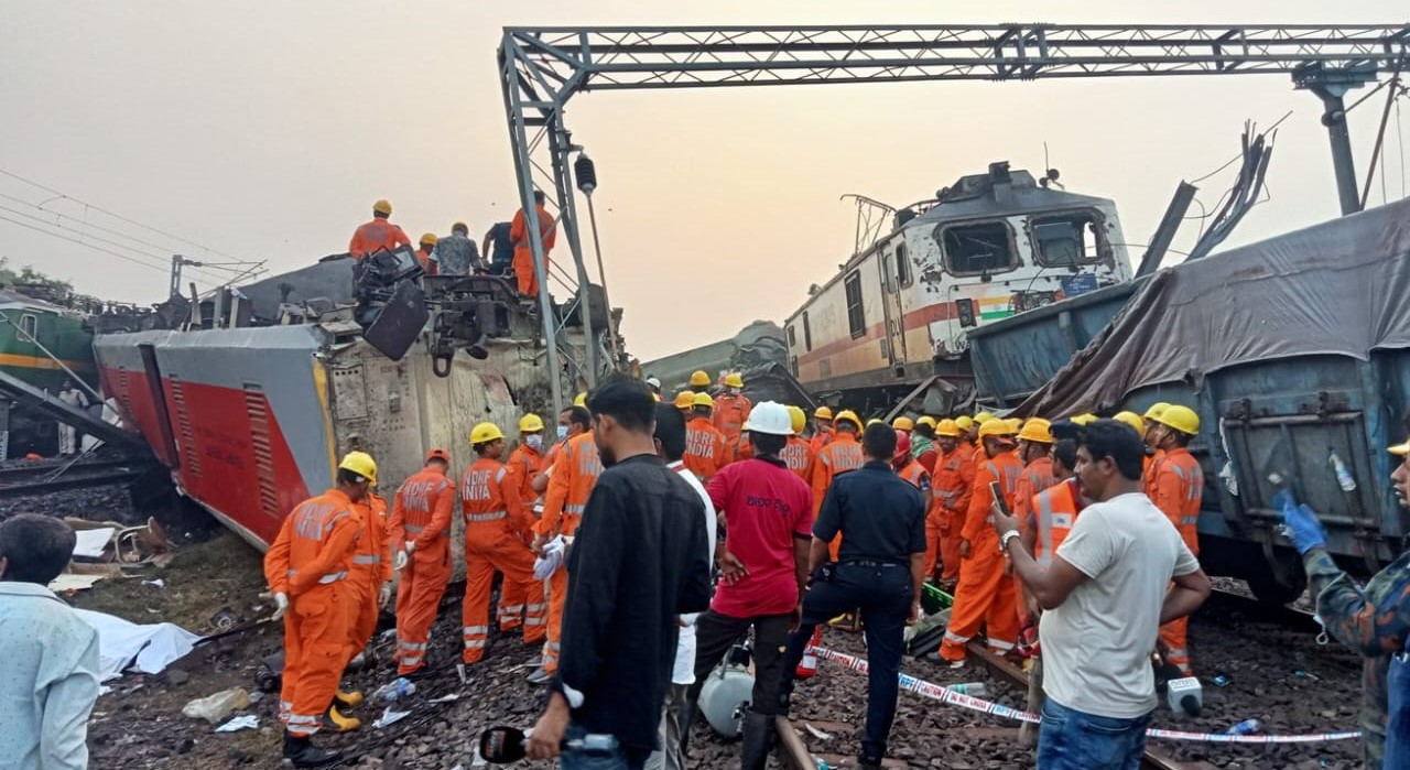 Rescue personnel work at the site of the derailed trains in Odisha on Saturday, 3 June, 2023.