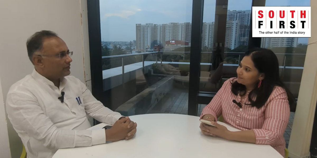 Karnataka Health Minister Dinesh Gundu Rao in an exclusive interview with South First's Chetana Belagere. (Screengrab/South First)