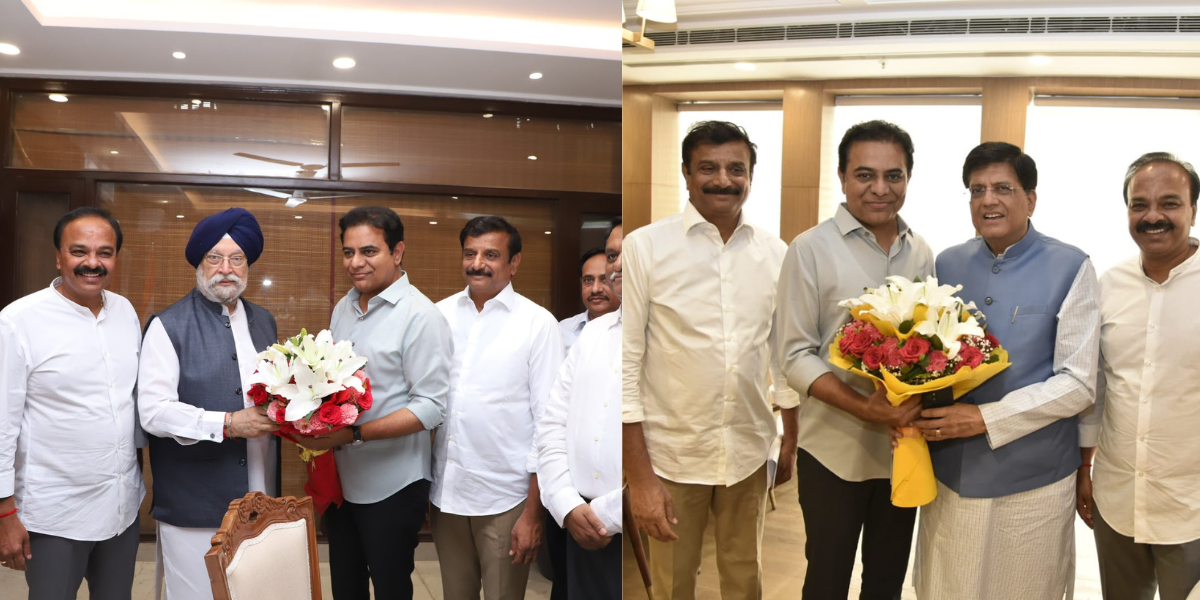 KTR with Union Ministers Hardeep Singh Puri and Piyush Goyal on separate occasions. (Twitter)